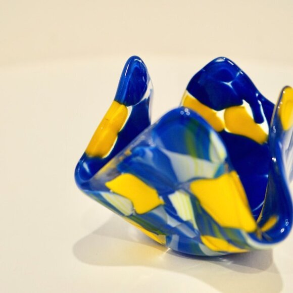 Blue & Yellow Blown Glass Hanker-chief Candle Votive - Picture 5 of 10